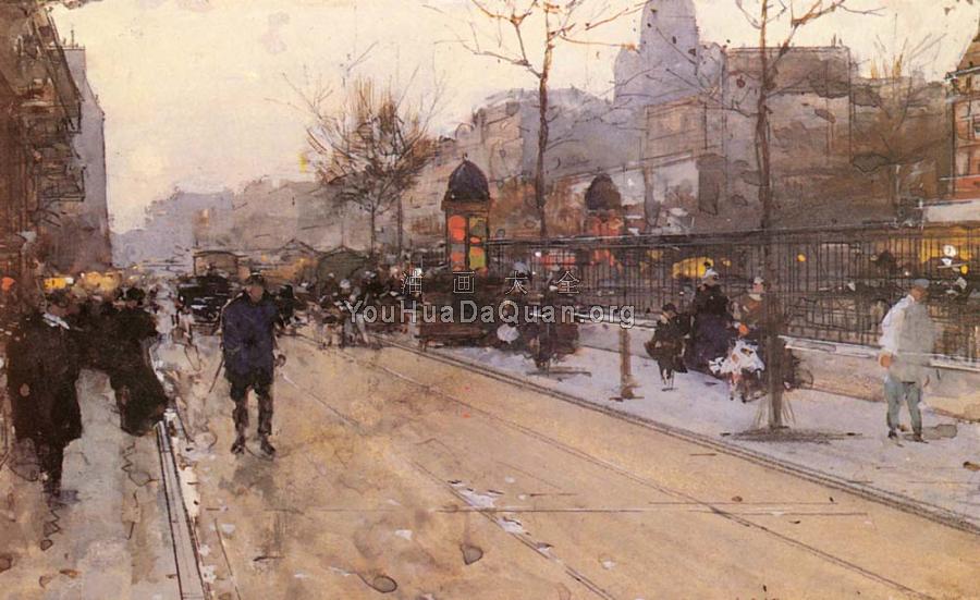 A Parisian Street Scene with Sacre Coeur in the distance - 路易吉·洛瓦
